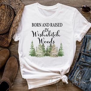 Born and raised in wishabitch woods watercolor forest design womens graphic tee